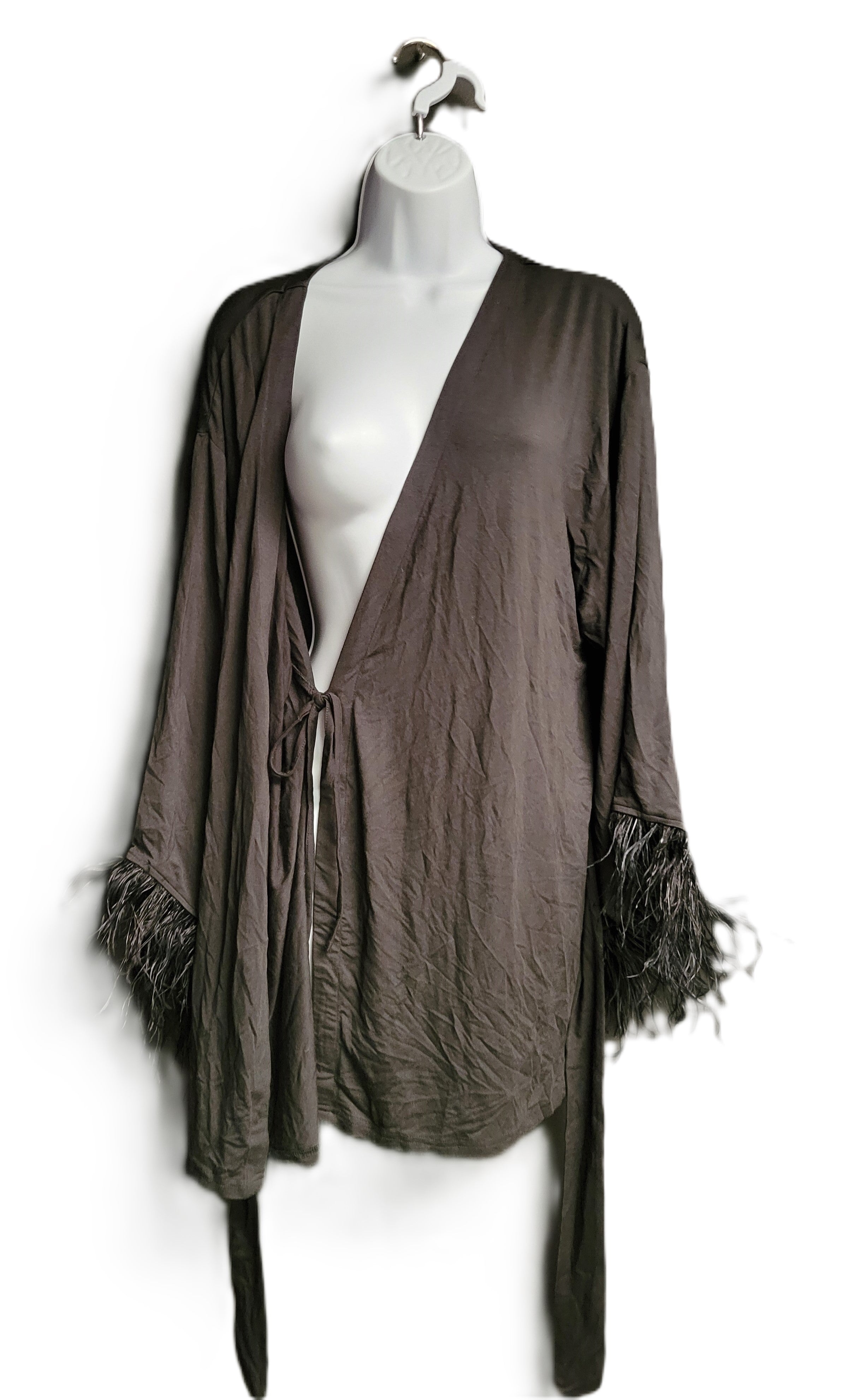 WeWoreWhat Feather Robe in Black & Black Feathers Size Medium