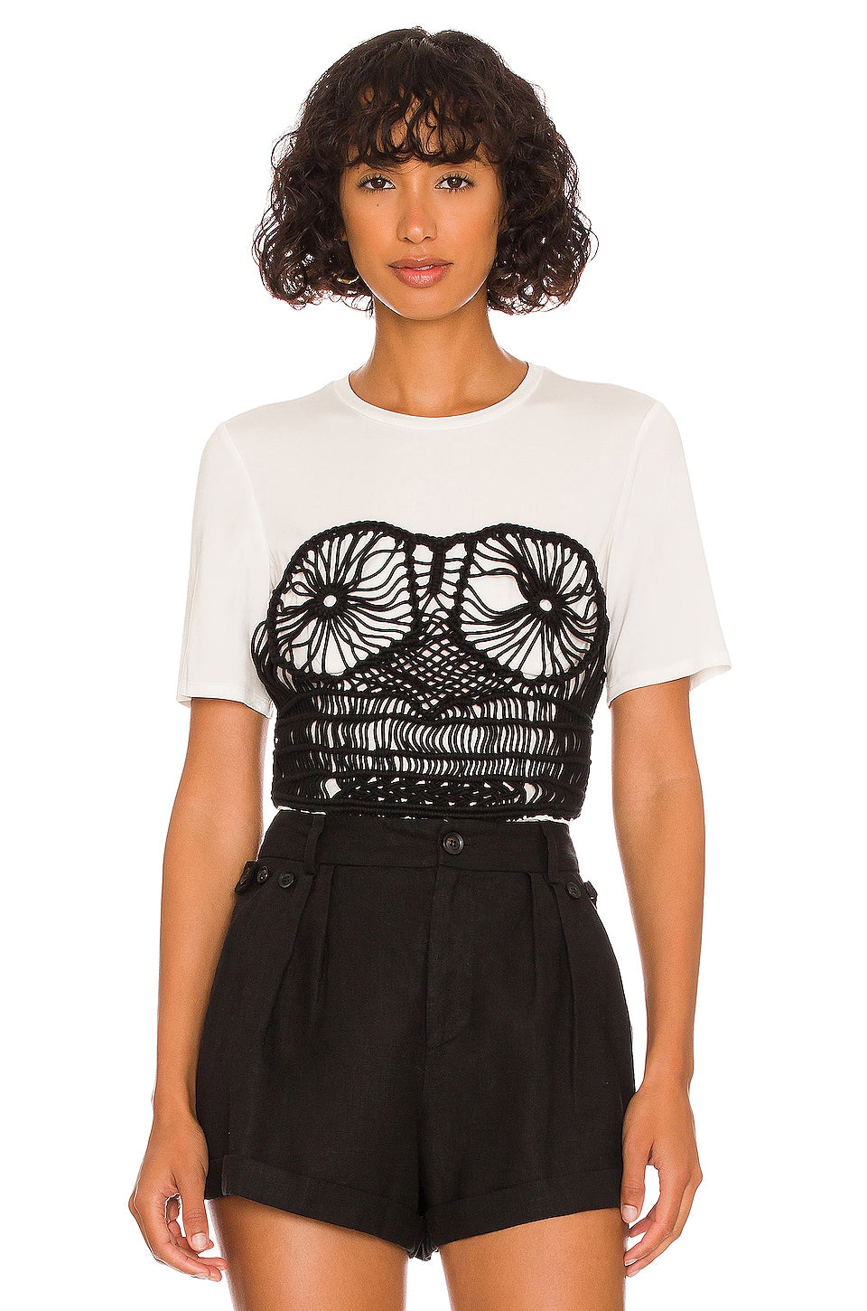 JONATHAN SIMKHAI Ren Macrame Bustier Top in White & Black SIZE SMALL