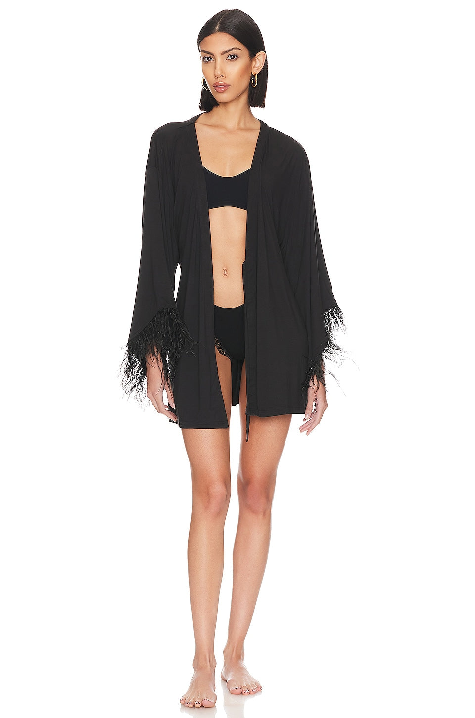 WeWoreWhat Feather Robe in Black & Black Feathers Size Medium