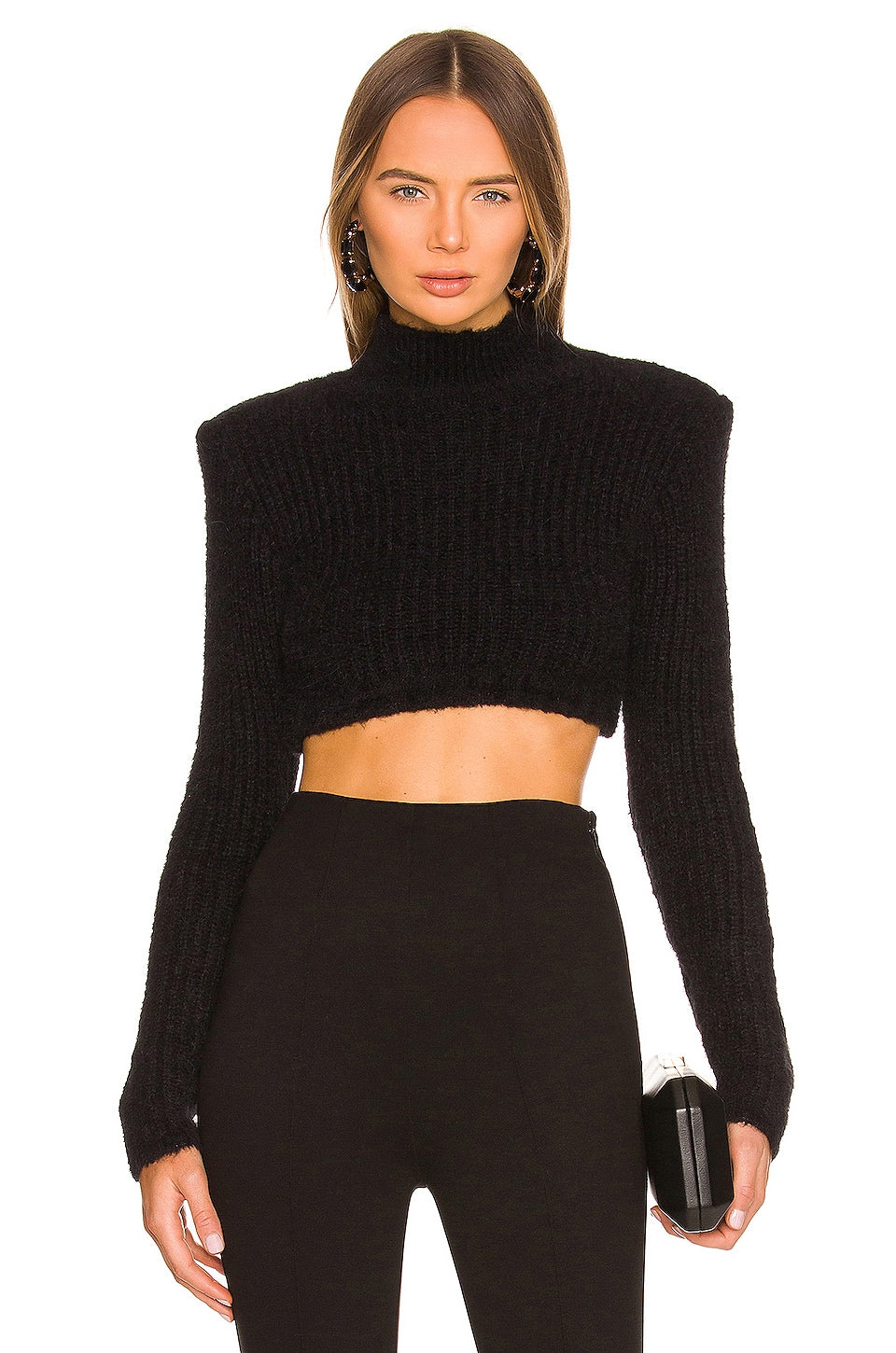 NBD Tory Strong Shoulder Cropped Sweater in Black